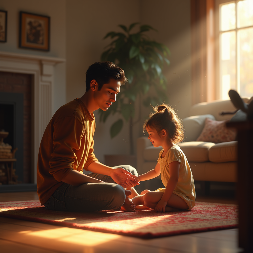 A father sits with his daughter on a patterned rug in a sunlit living room.