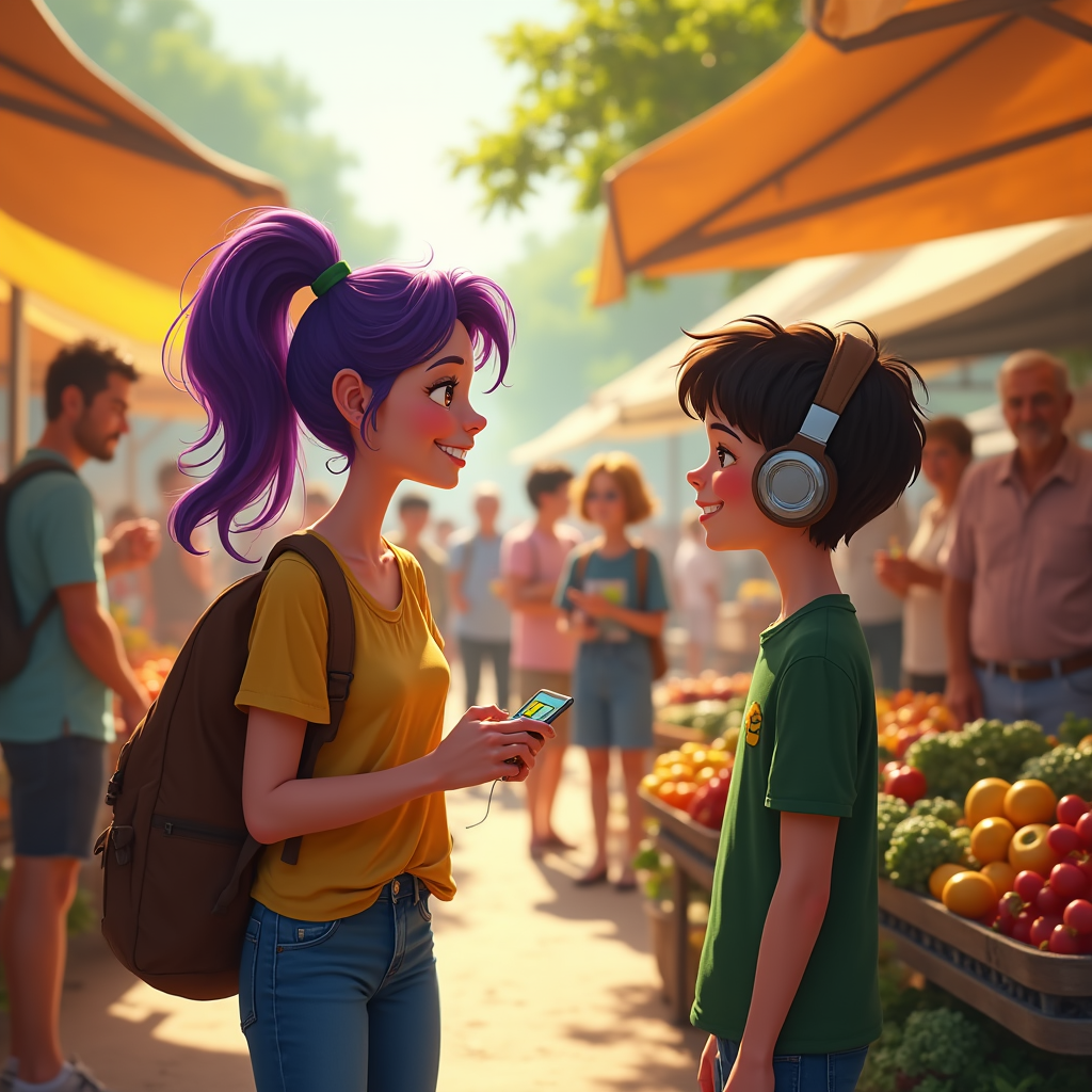 A young woman and boy chat at a farmers market; others browse in the sunny background.