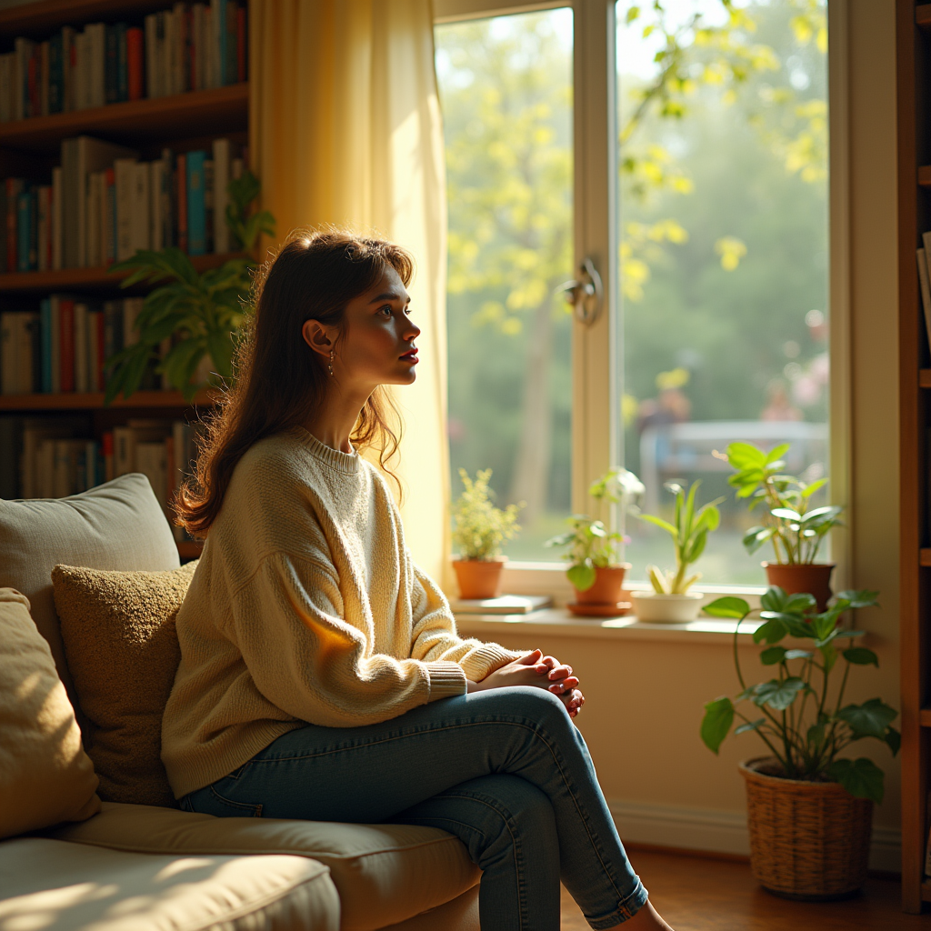A young woman sits on a couch near a sunlit window filled with potted plants.