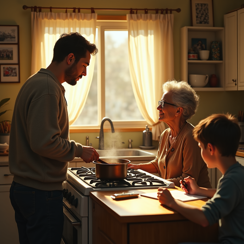 A man stirs a pot on a stove while an elderly woman and a young boy watch with smiles.