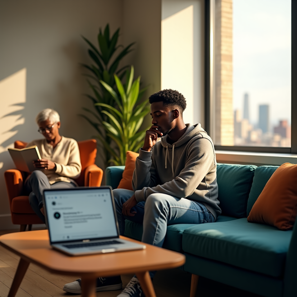 A young man sits on a teal sofa looking pensive, with an open laptop and another person reading nearby.