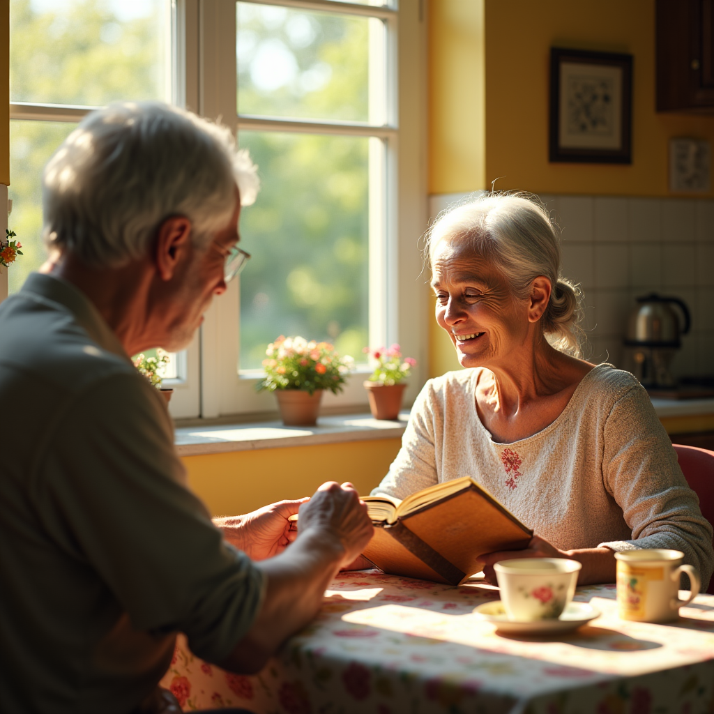 Two older adults sit at a table with a book, smiling and sharing a moment indoors near a window.