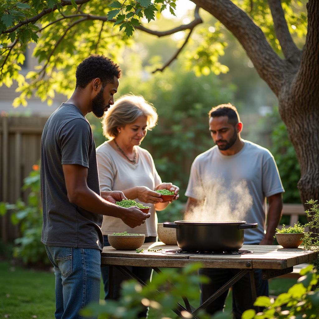 Three people prepare peas over a portable stove at an outdoor table beneath lush greenery.