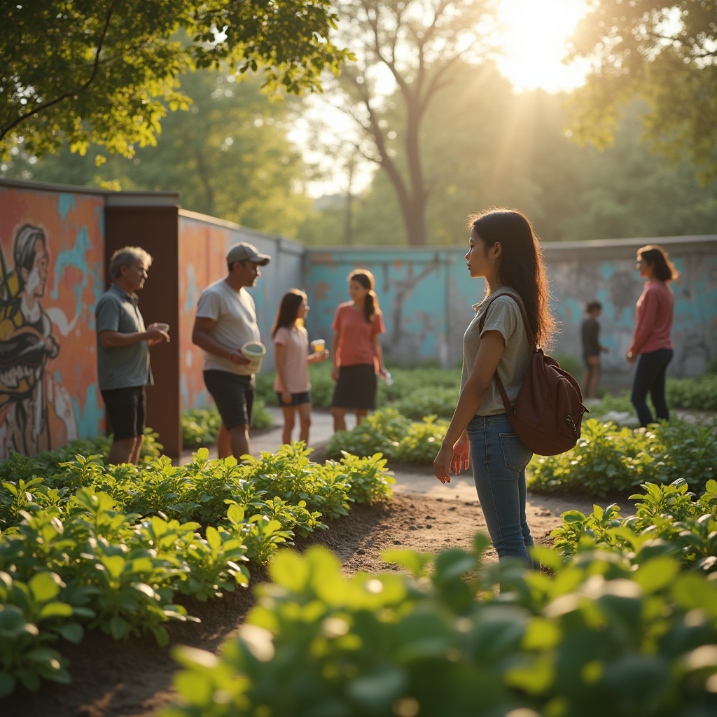 A young woman with a backpack stands in a community garden bathed in warm sunlight, near several other people.