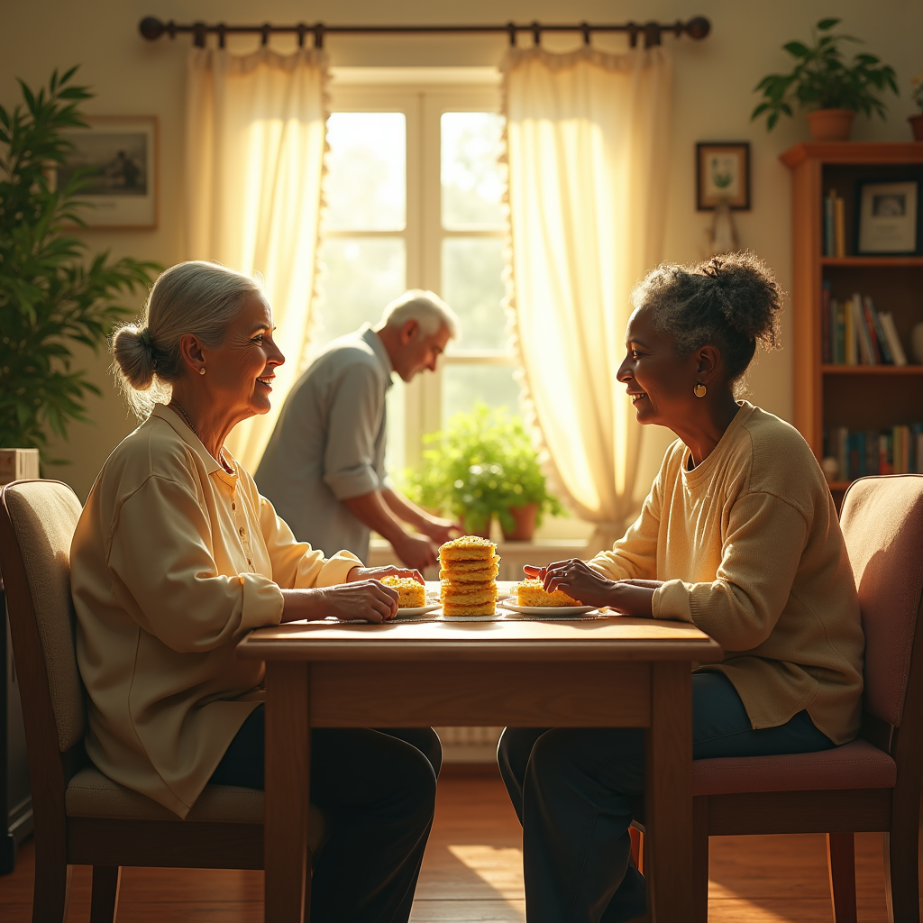 Two women laugh across a wooden table piled with cake while an older man tends plants in a sunny room.