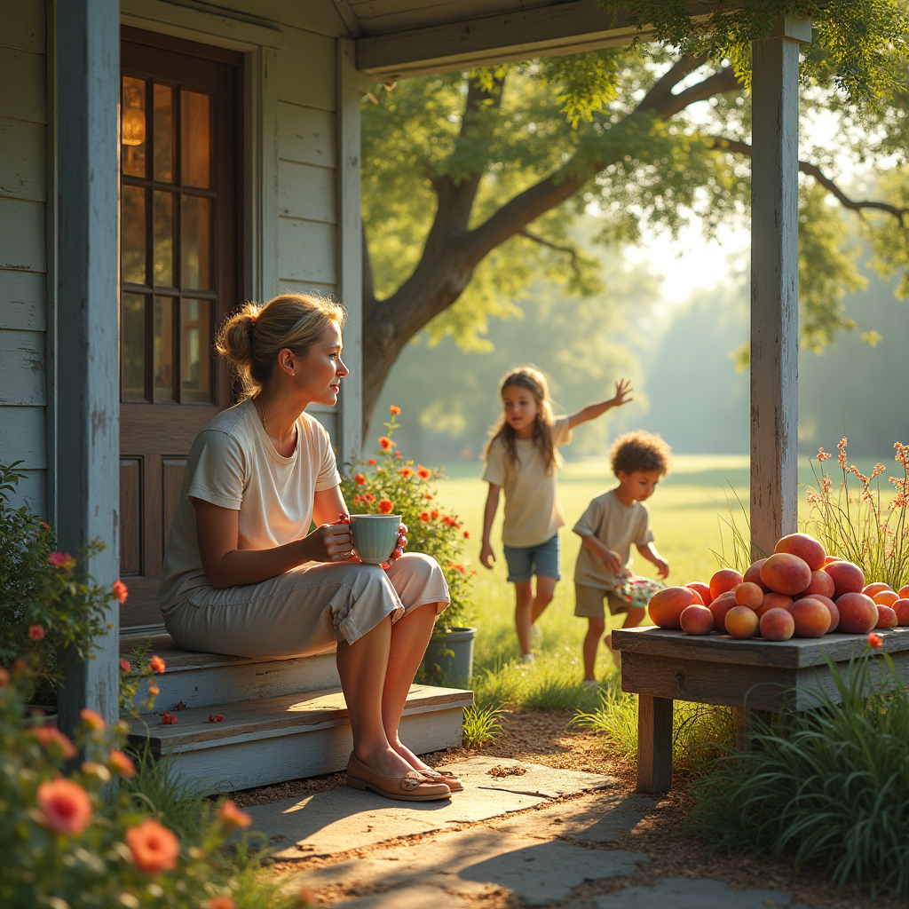 A woman sits on a porch steps holding a mug while two children run through tall grass nearby.