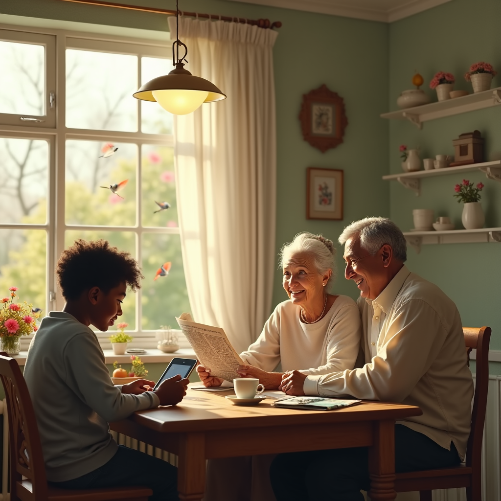 A multigenerational family gathers around a table during golden hour, enjoying each other’s company indoors.