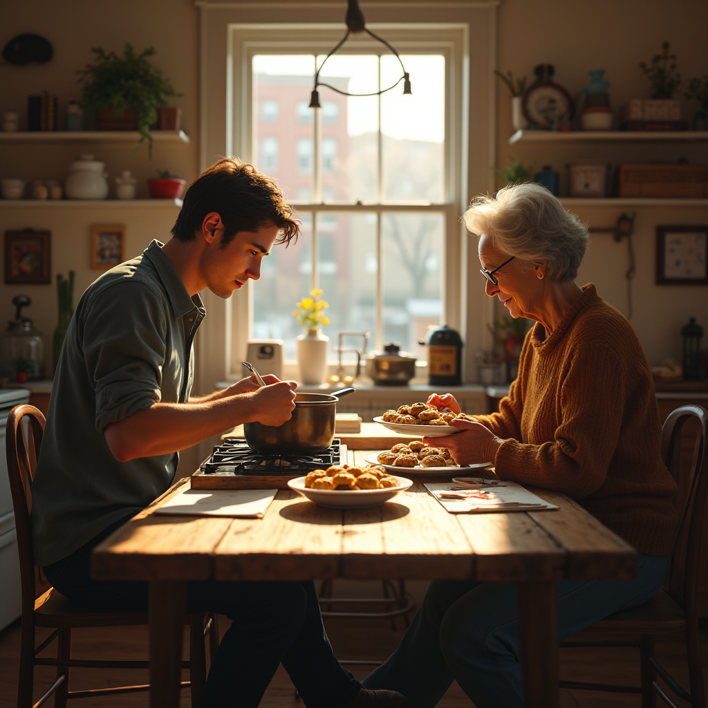 A young man and elderly woman share a meal at a wooden table in a sunlit kitchen.