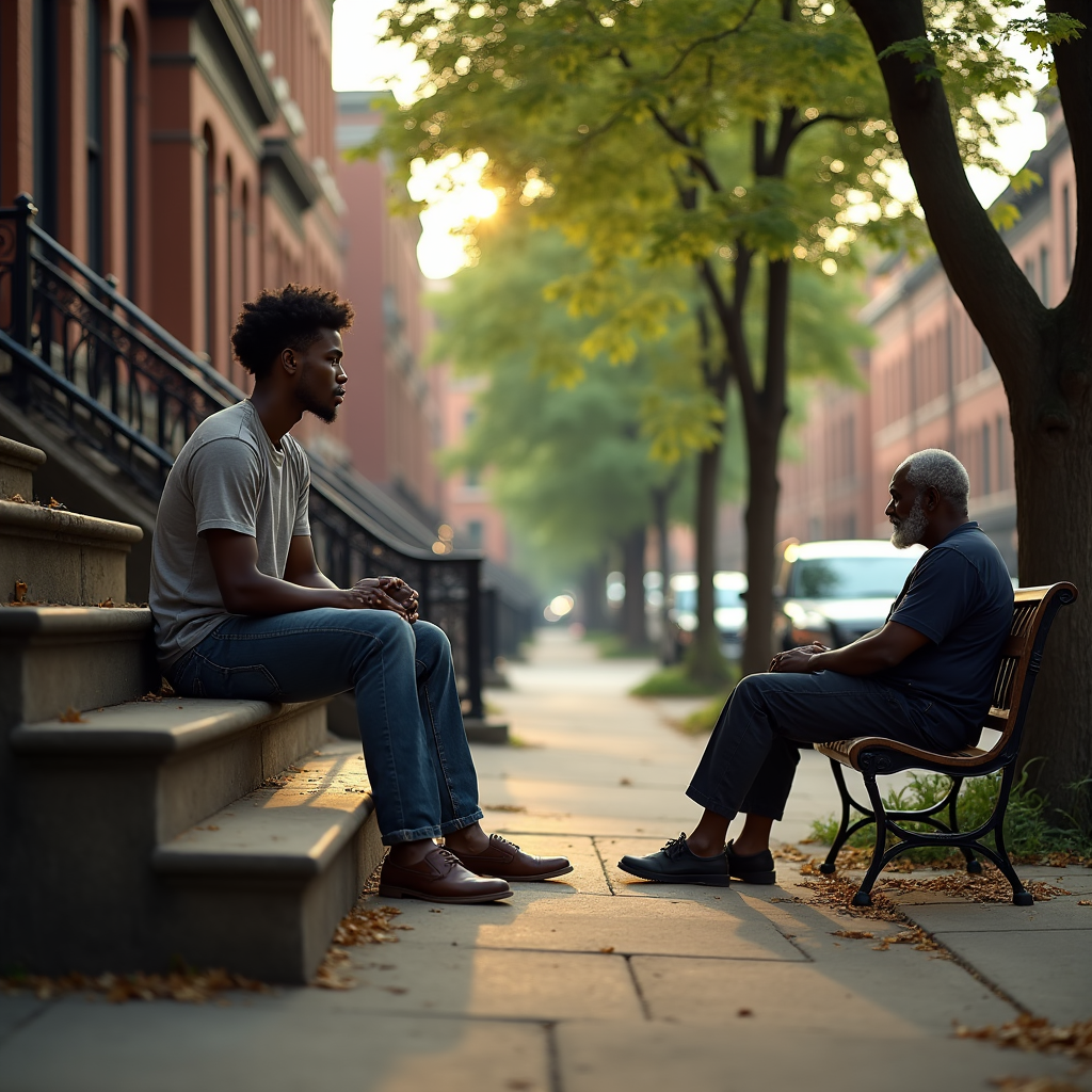 Two men sit on steps and a bench, facing each other on a tree-lined residential street bathed in golden sunlight.