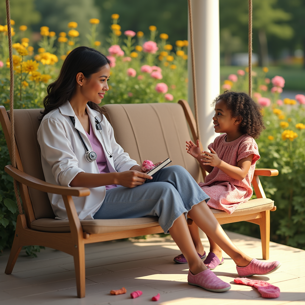 A doctor and young girl laugh while sitting on a wooden swing surrounded by flowers.