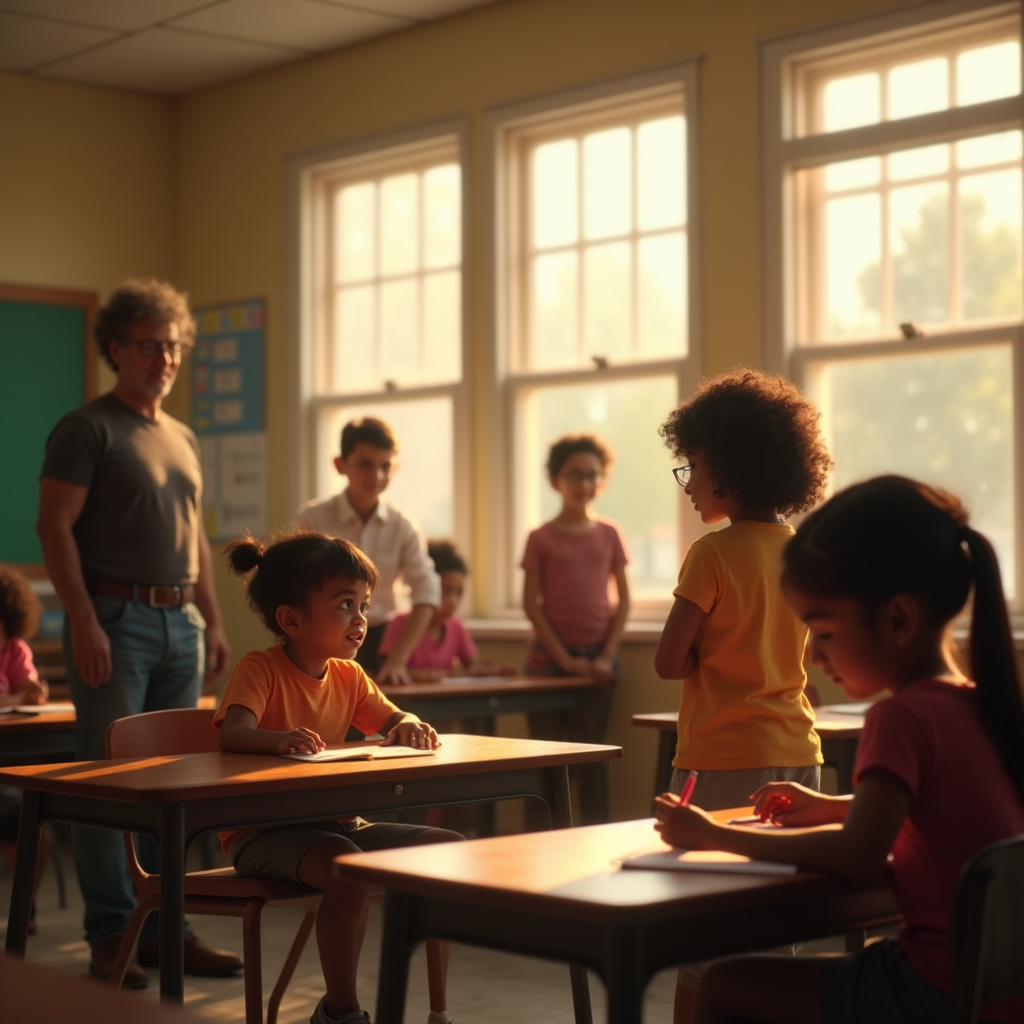 Several children sit at desks in a classroom with a teacher standing nearby near large windows.