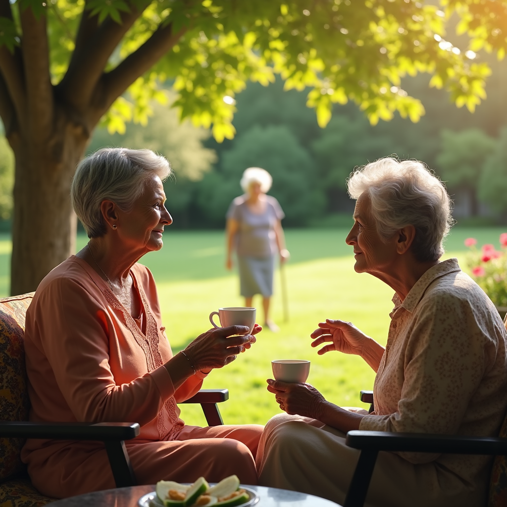 Two older women sit outside, enjoying tea while another woman walks by in the background of a sunlit yard.