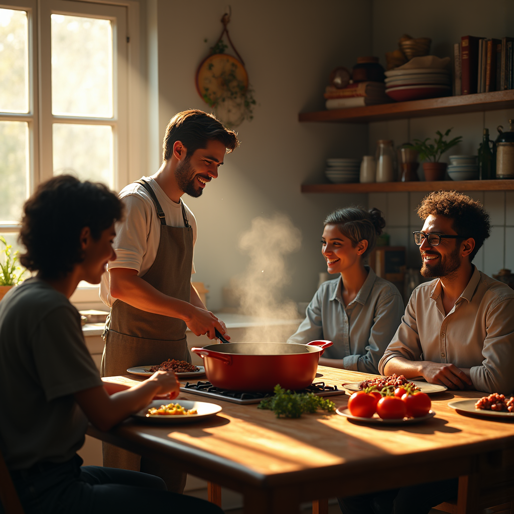 Four friends laugh together at a kitchen table while one stirs pasta in a red pot.