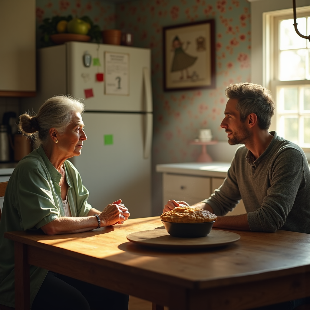 An elderly woman and a man sit at a wooden table with a pie, engaged in conversation in a warm kitchen.
