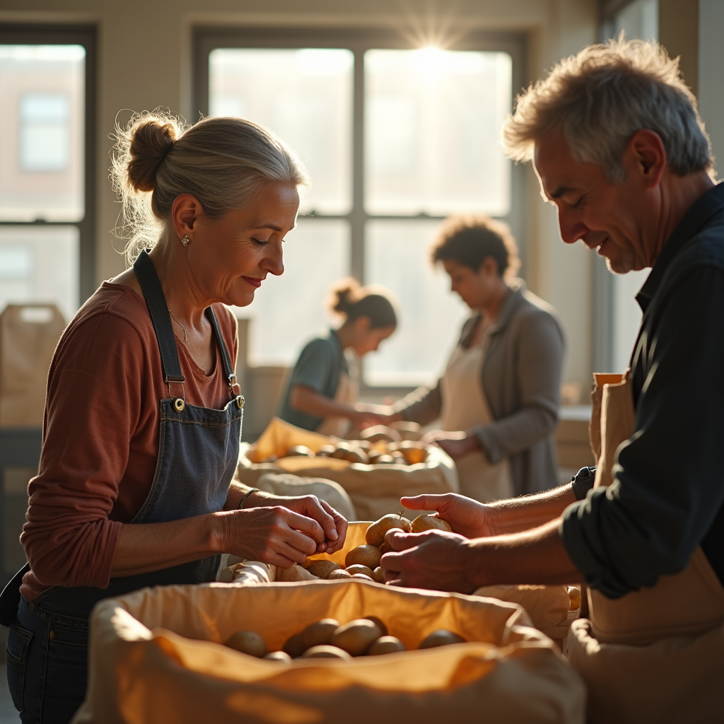 Four people sort potatoes in a sunlit room with large windows.