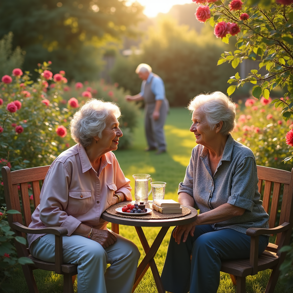 Two elderly women sit at a table with berries outdoors while a man tends roses in the background bathed in golden sunlight.