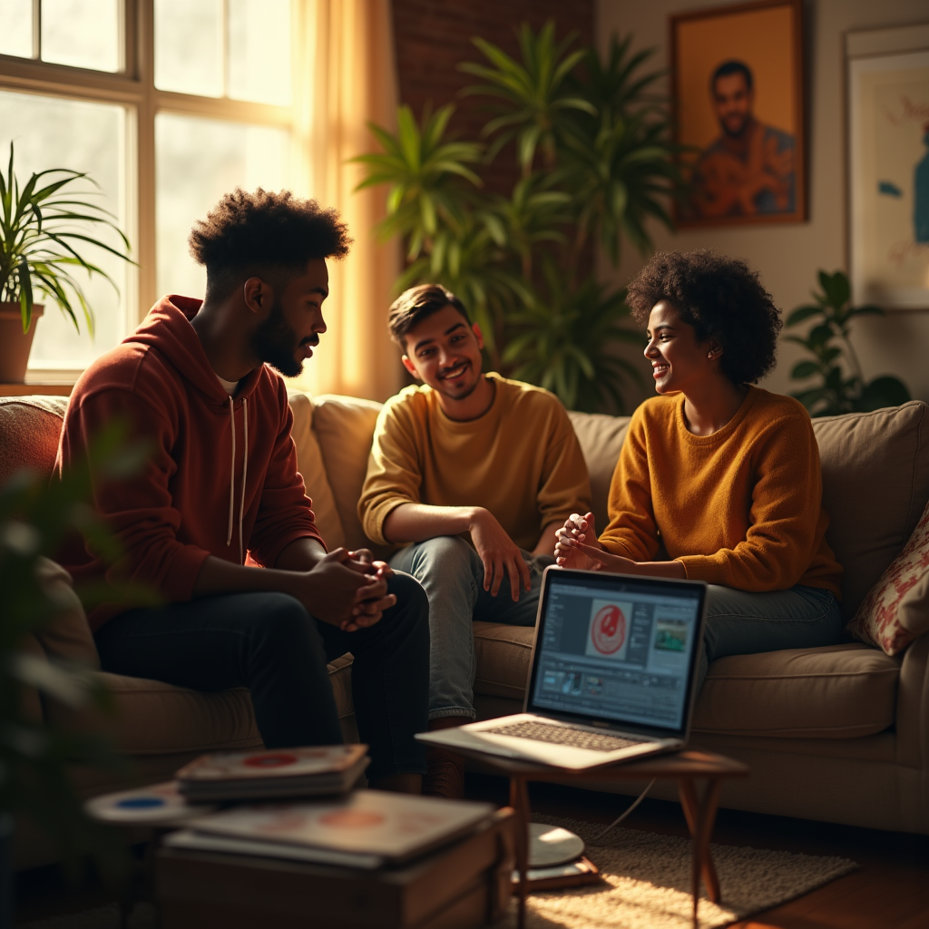 Three young adults sit on a sofa laughing, with a laptop open on a table nearby.
