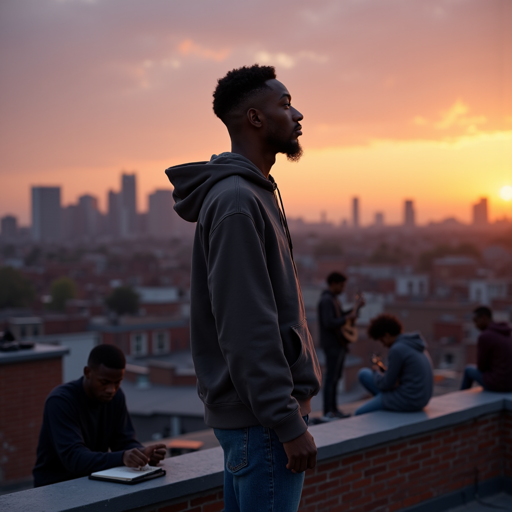 A young man with a beard looks out over a city skyline at sunset; other people are gathered behind him on a rooftop.