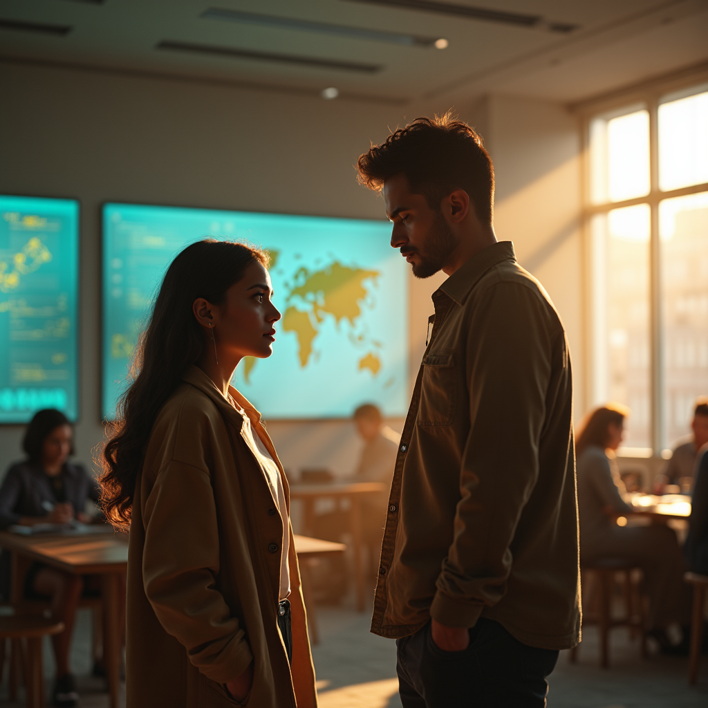 Two young adults stand facing each other in a sunlit classroom with students visible in the background.