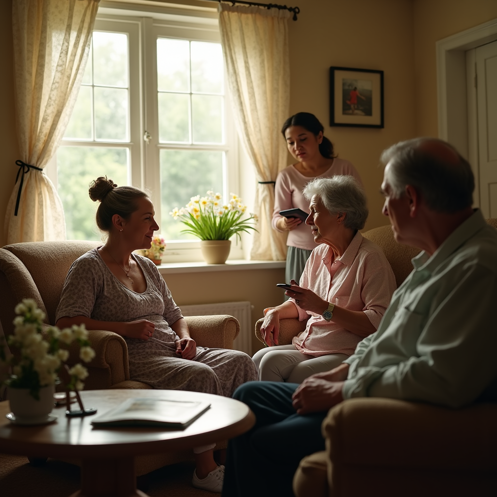 Four people sit and converse within a sunlit living room, near a window with sheer curtains.