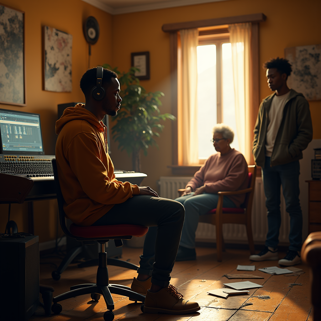 Three men are in a home studio; one sits at a computer, another stands, and an older woman listens intently.