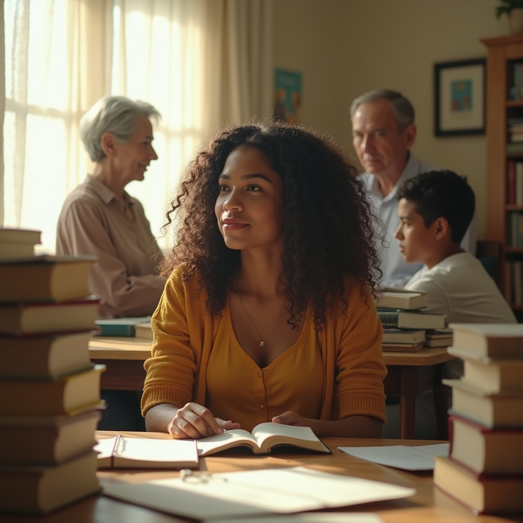 A young woman with curly hair smiles while seated at a table covered in books, with others studying nearby.