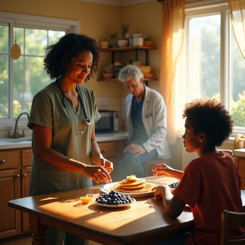 A nurse smiles while adding fruit to a stack of pancakes for a young boy at a kitchen table.