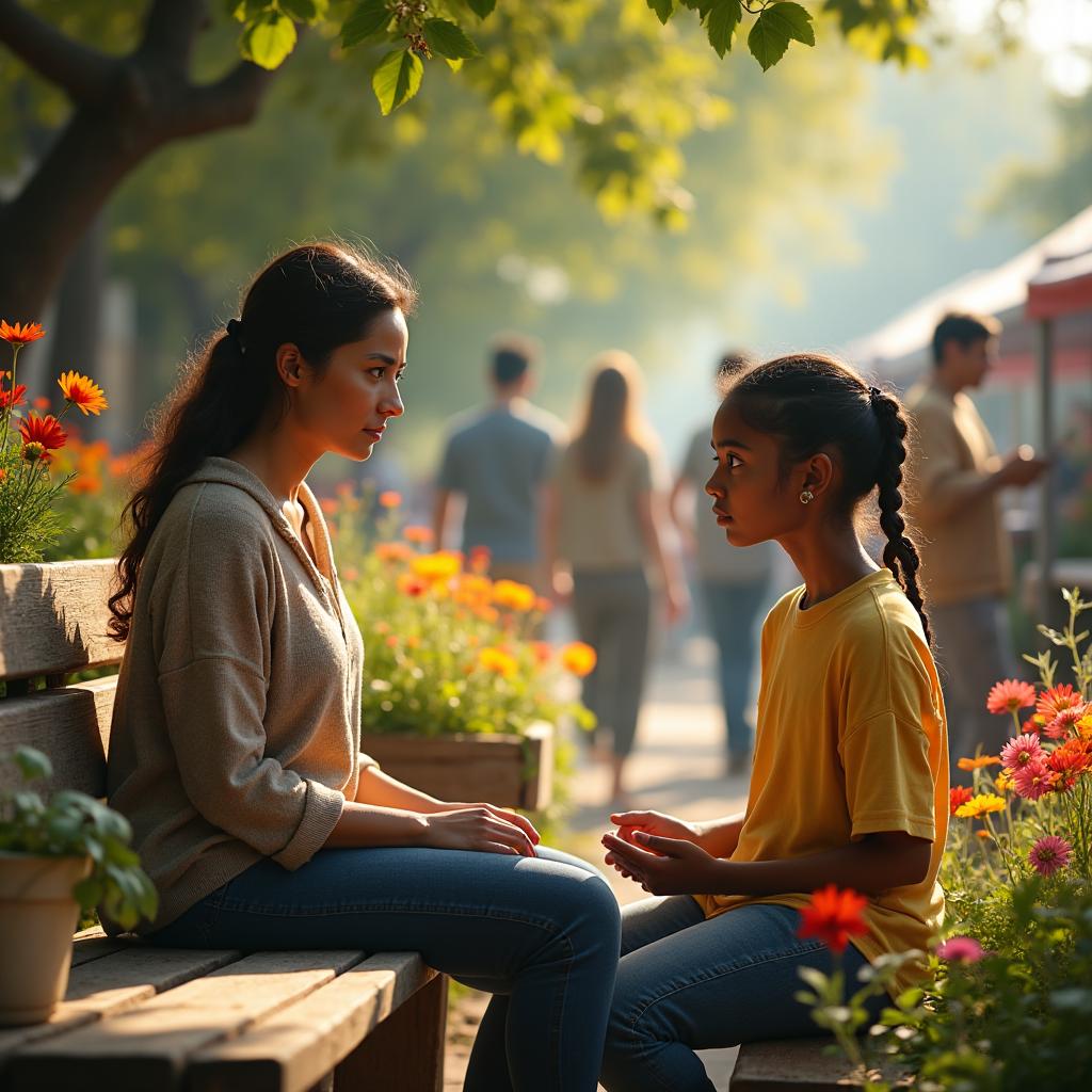 Two women sit on a wooden bench surrounded by flowers in an outdoor setting.