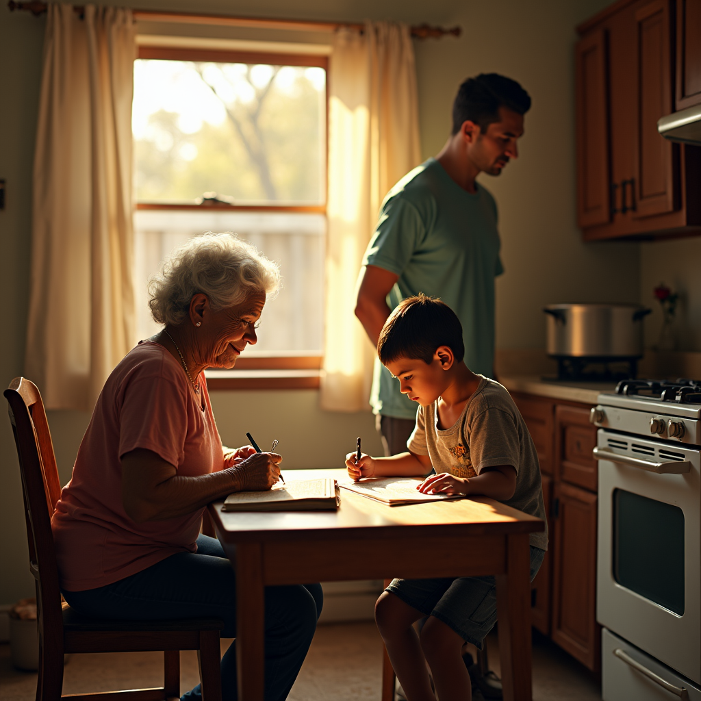 An elderly woman helps a young boy with writing at a wooden table in a warm kitchen with a man nearby.