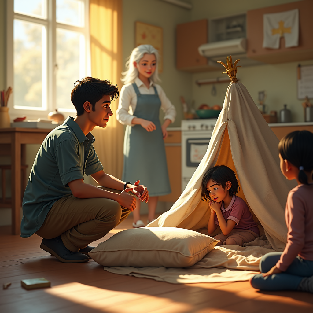 A family plays inside a sunlit kitchen with a teepee fort for the children.