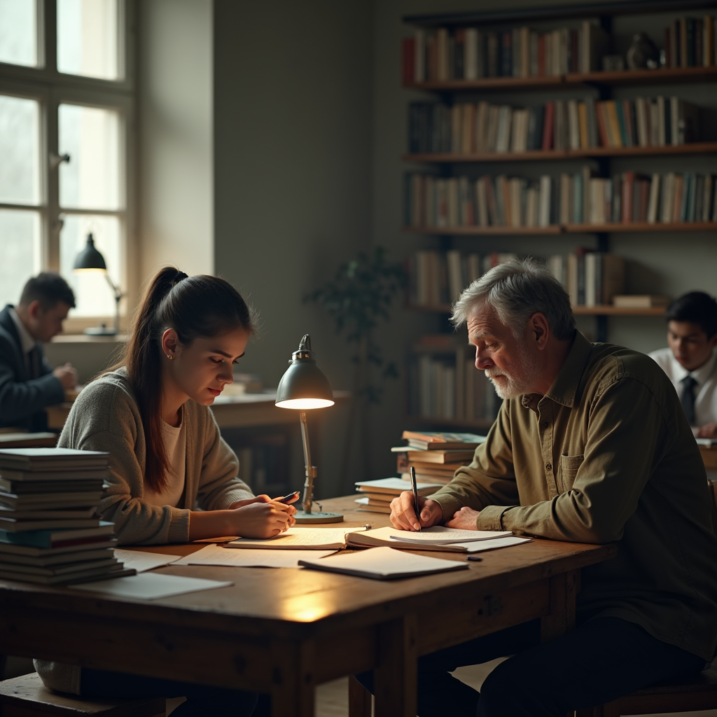 A young woman and older man study together at a wooden table with books and papers under warm lamplight.