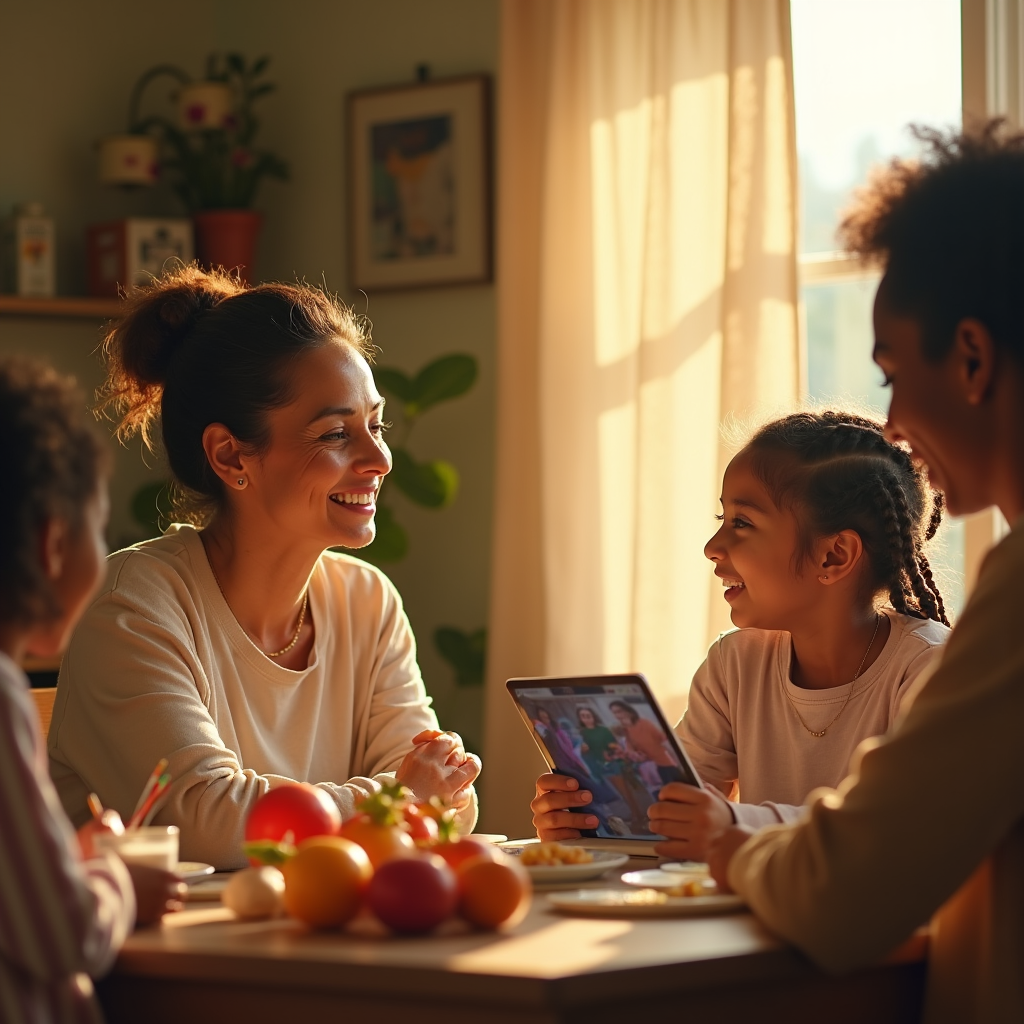 A family smiles while video chatting on a tablet at a table with fruit and plants.