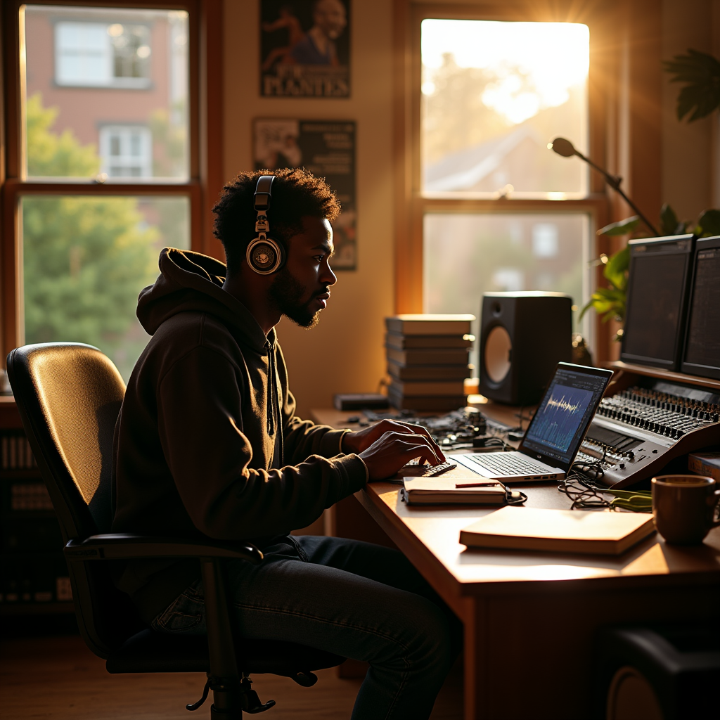 A person with headphones sits at a desk using a laptop in a sunlit room filled with music equipment.
