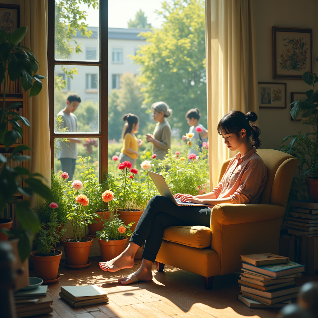A young woman uses a laptop in an armchair surrounded by potted flowers, with people visible through French doors outside.