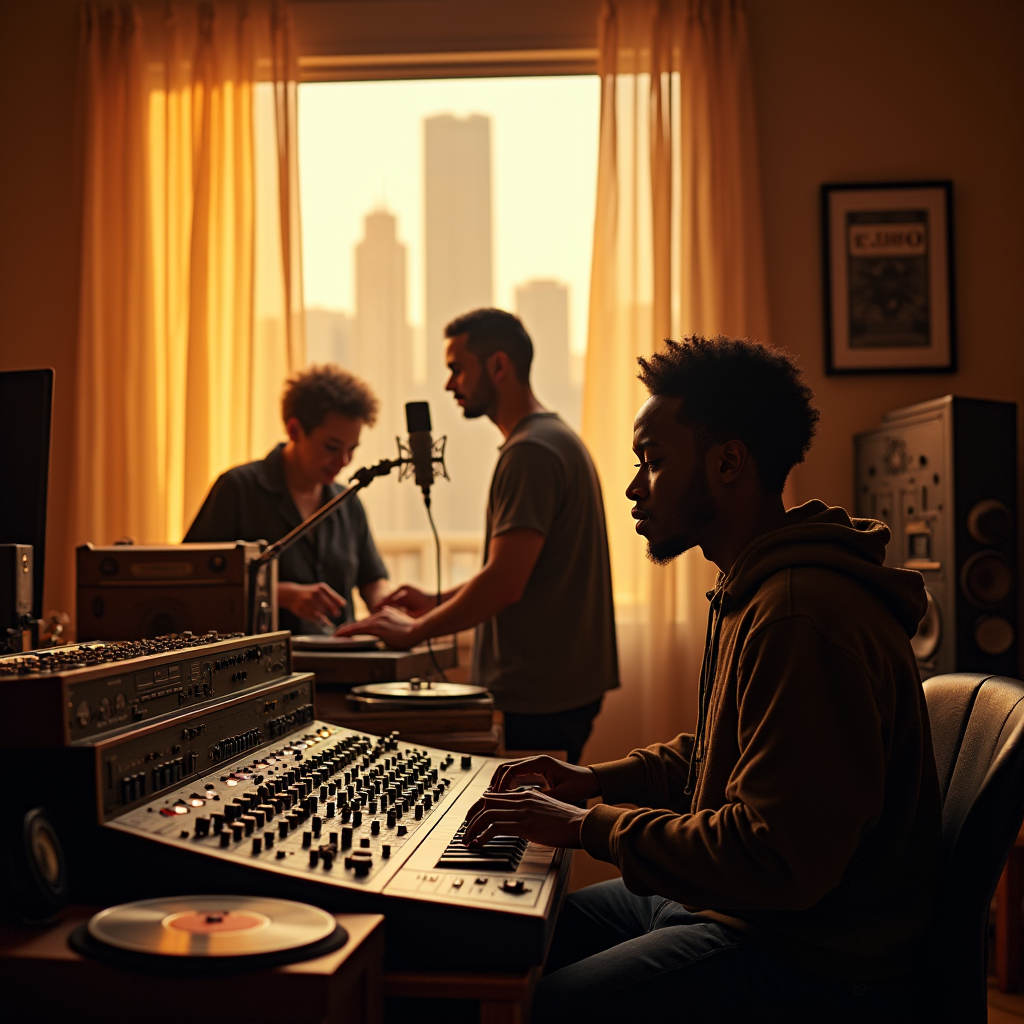 Three young men record music in a studio with city lights visible through sheer curtains behind them.