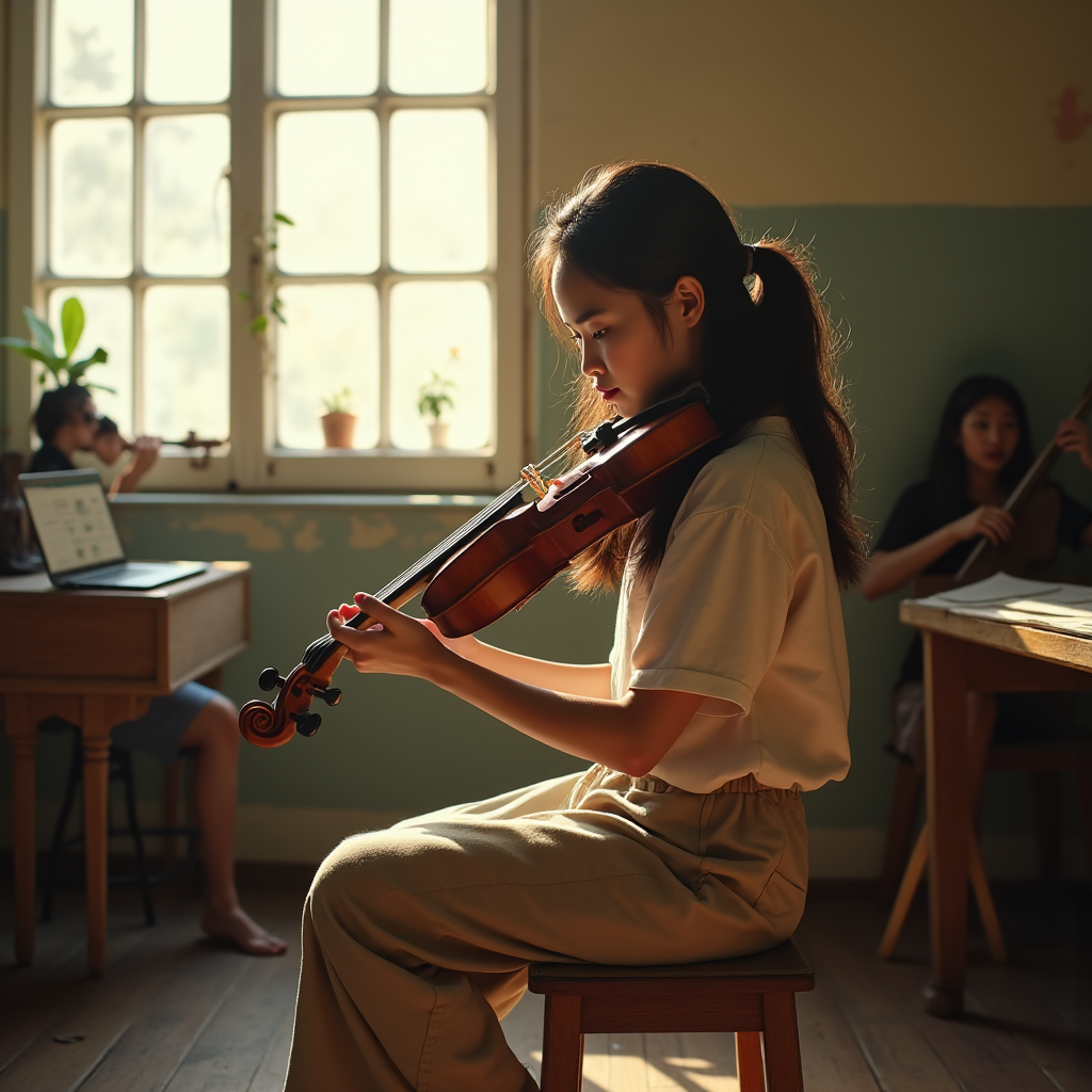 A young violinist sits on a stool bathed in warm sunlight from a large window during practice.