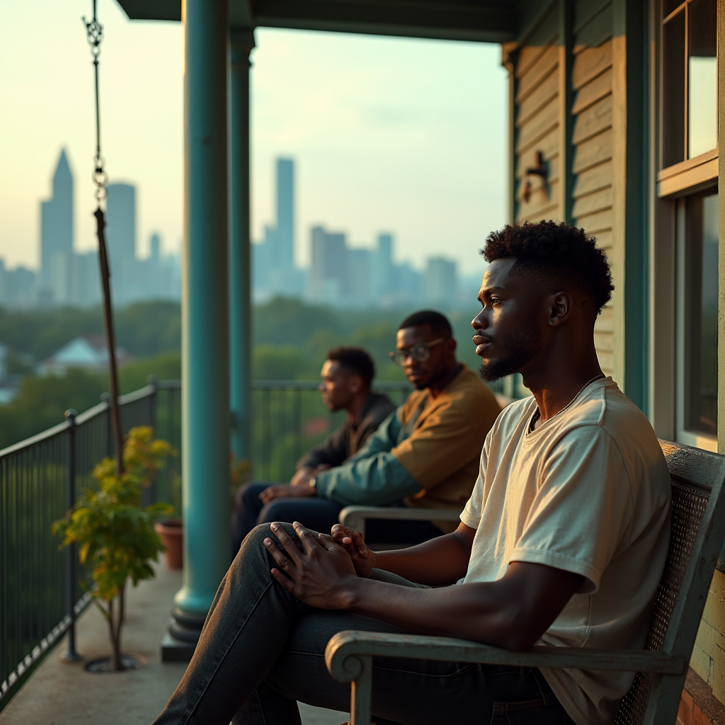 Three men sit on a porch overlooking a city skyline at dusk.
