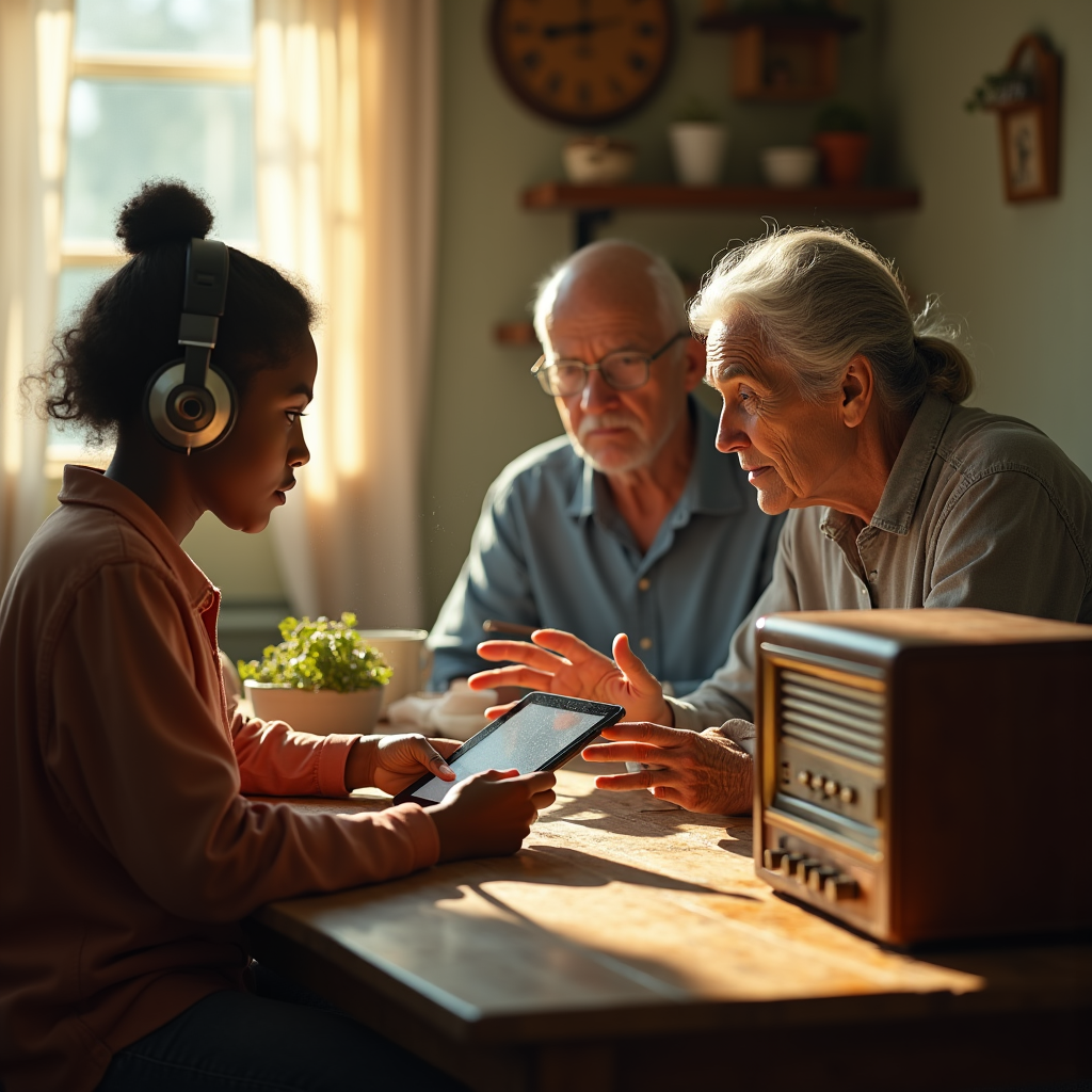 A young girl wearing headphones shows an older couple something on a tablet at a wooden table.