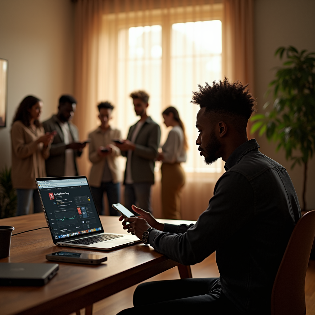 A man looks at his phone while a group of people converse nearby; a laptop displays "Python Stocks Blog."