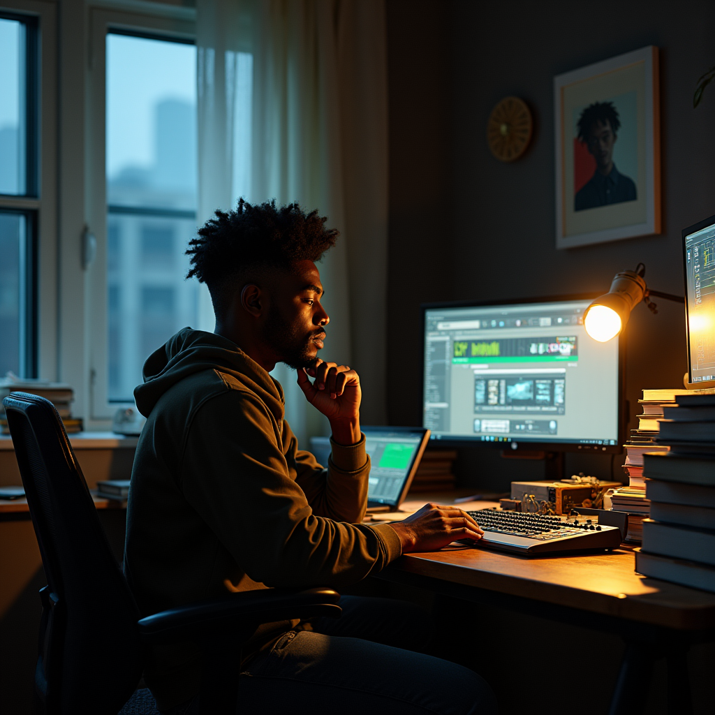 A man with short curly hair sits at a desk with multiple monitors and audio equipment, lit by a warm lamp.