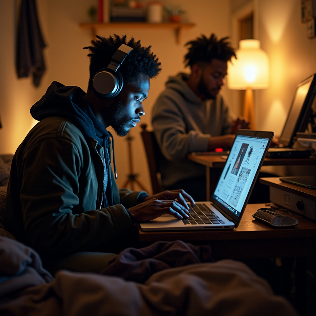 Two young men are working on laptops in a dimly lit bedroom with headphones and warm lighting.