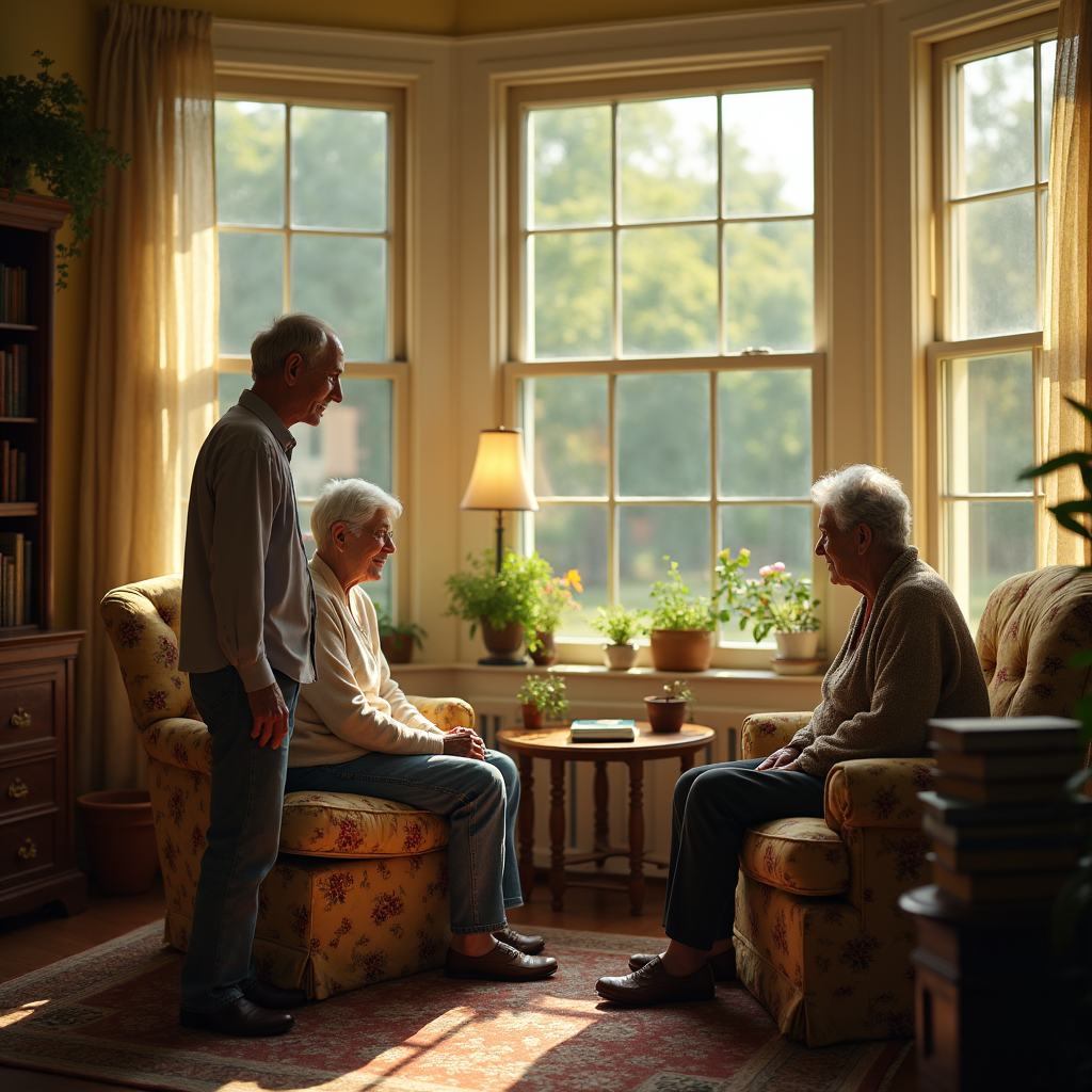 Three older adults converse in a sunlit room with large windows and floral armchairs.