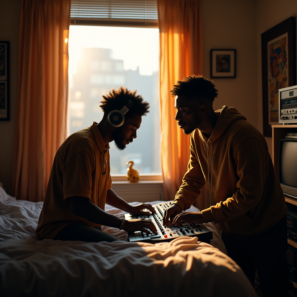 Two men with headphones sit on a bed, playing a midi keyboard and mixer near a window with orange curtains.