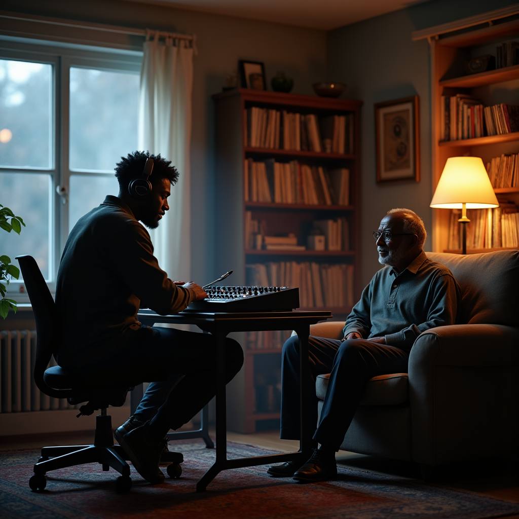 Two men converse in a warmly lit room; one wears headphones at a mixing console.