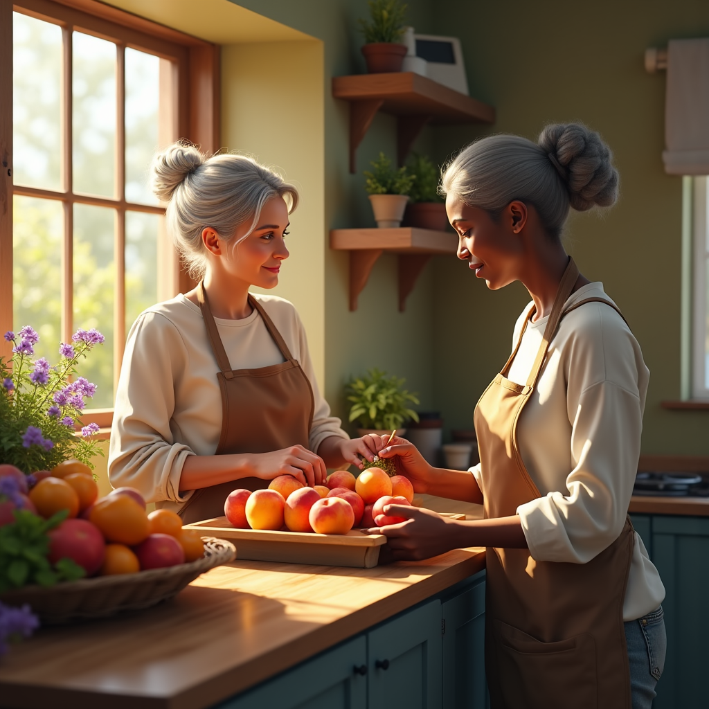 Two women with gray hair prepare peaches on a wooden cutting board in a sunlit kitchen.