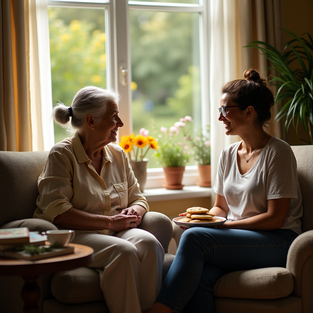 Two women sit on a couch facing each other, smiling while one offers cookies on a plate near a bright window.