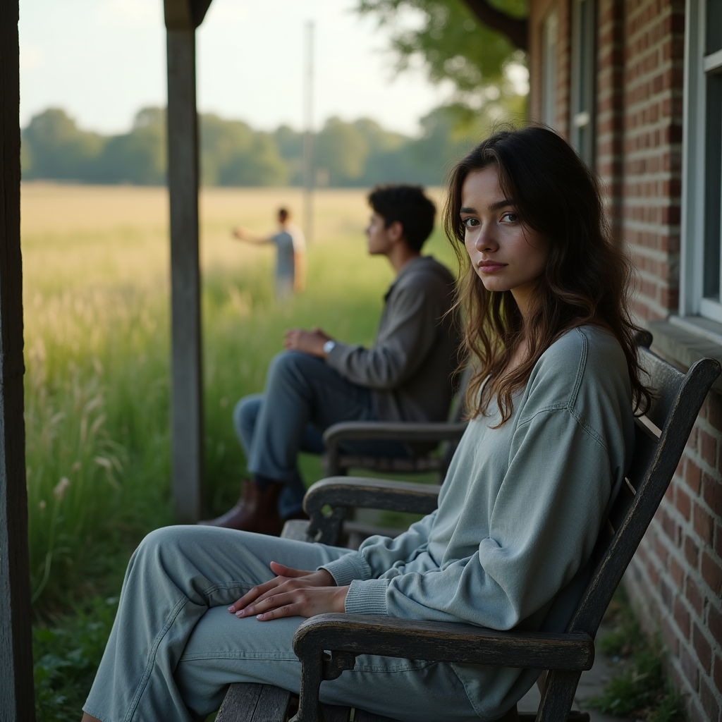 Two young adults sit on a porch overlooking a field of tall grass at dusk.