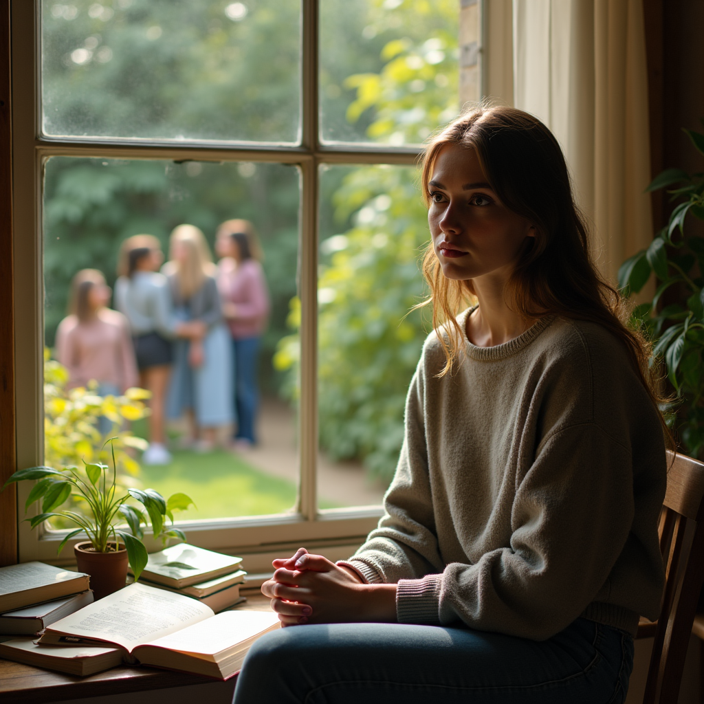 A young woman sits by a window looking out at a group of people outside.