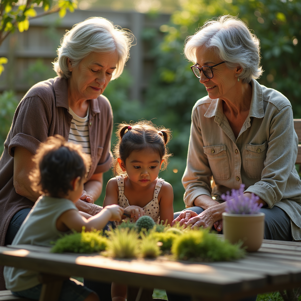 Two elderly women smile at two young children playing with greenery on a wooden table outdoors.