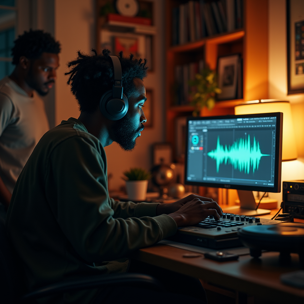 Two men work at a recording station with headphones and a monitor displaying audio waveforms.